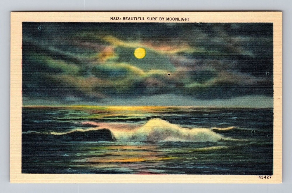 North Carolina NC Beautiful Surf By Moonlight Vintage Postcard
