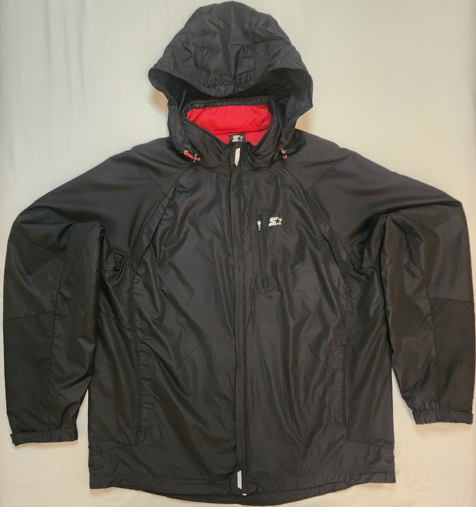 Vintage 90s Starter Black & Red Lightweight Windbreaker Zip Up Jacket With Hood