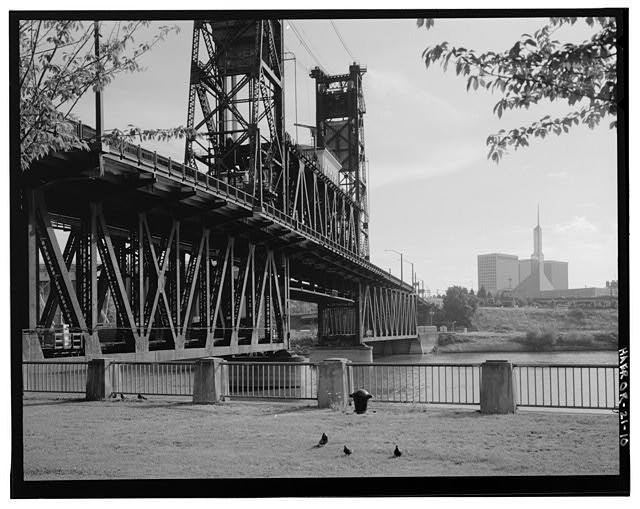 10. General view of lower deck, south side, looking northeast - Steel Bridge,