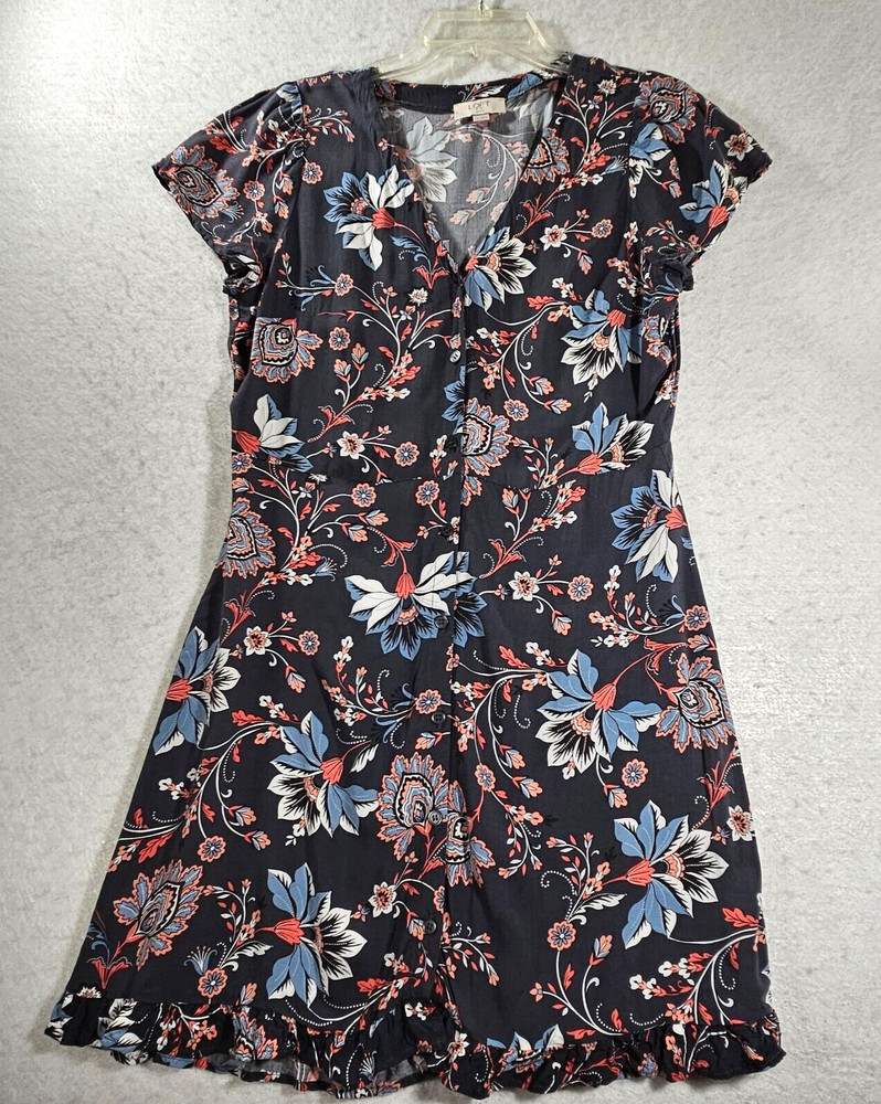 LOFT Petite Dress Womens 10P Gray Floral Mini A Line Button Up Cap Sleeve Casual