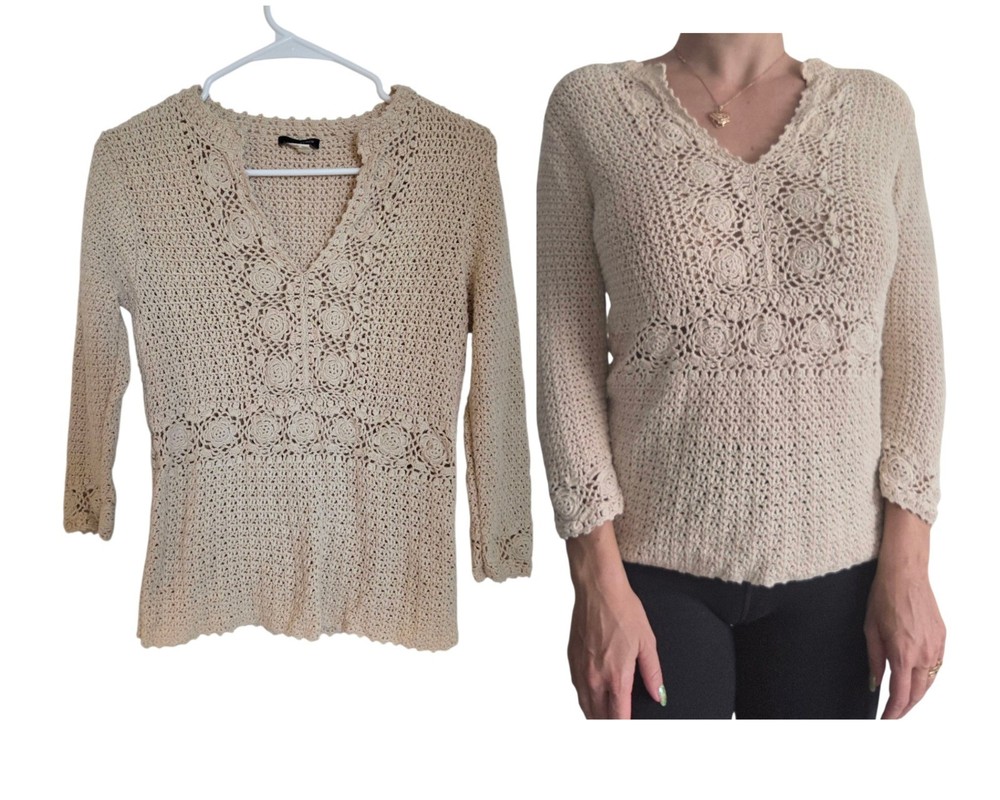 J. Crew Ivory V-neck Crochet Top Women’s Small Boho Open Knit Cotton Cottagecore