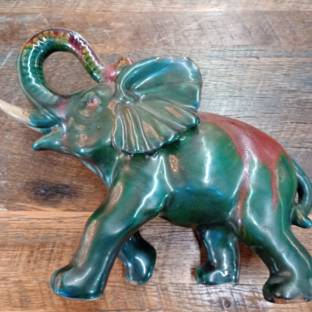 Old Art Pottery Elephant Green And Red Glaze With Trunk Up