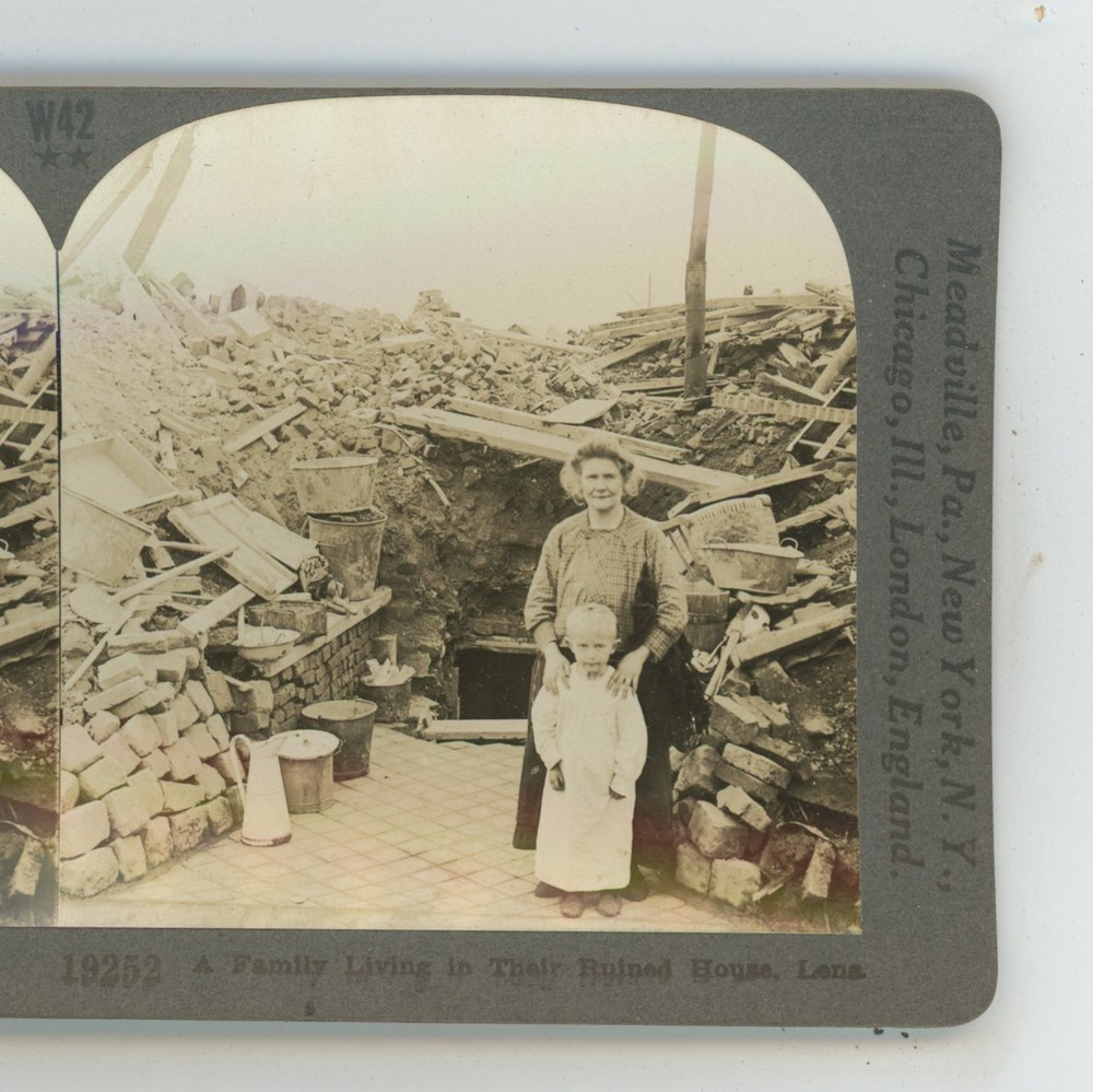 Family Living in Ruined House Lens WWI Keystone Stereoview