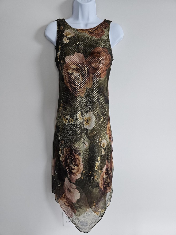 Jessica Howard Dress Womens Petite 4 Floral Sheer Metallic Y2K Forest Fairy VTG