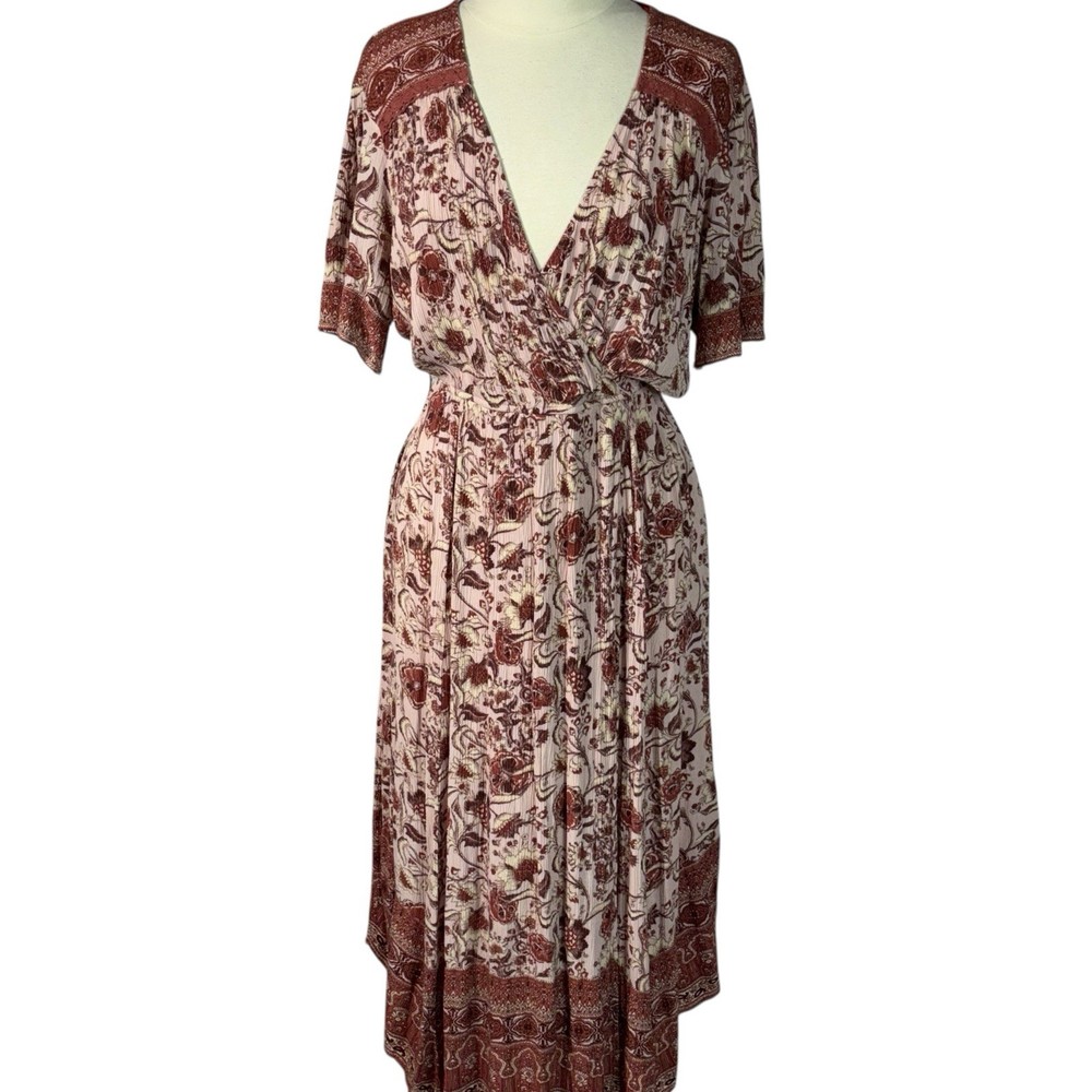 Knox Rose Mauve Blush Rust Floral Boho Flowy Gauze Wrap Midi Dress with Pockets