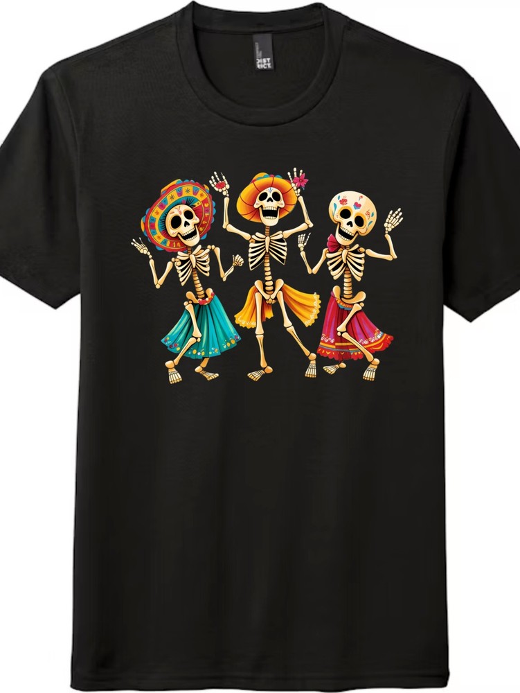Mexican Fiesta Dancing Sugar Skull Skeleton Ladies Day of Dead Halloween T-Shirt
