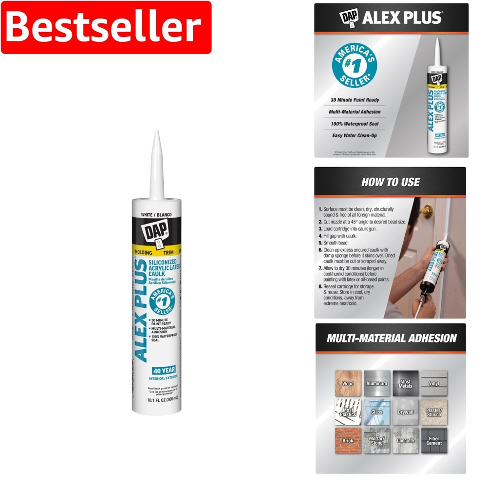 ALEX PLUS 10.1oz White Acrylic Latex Caulk with Silicone - Fast 30-Min Cure