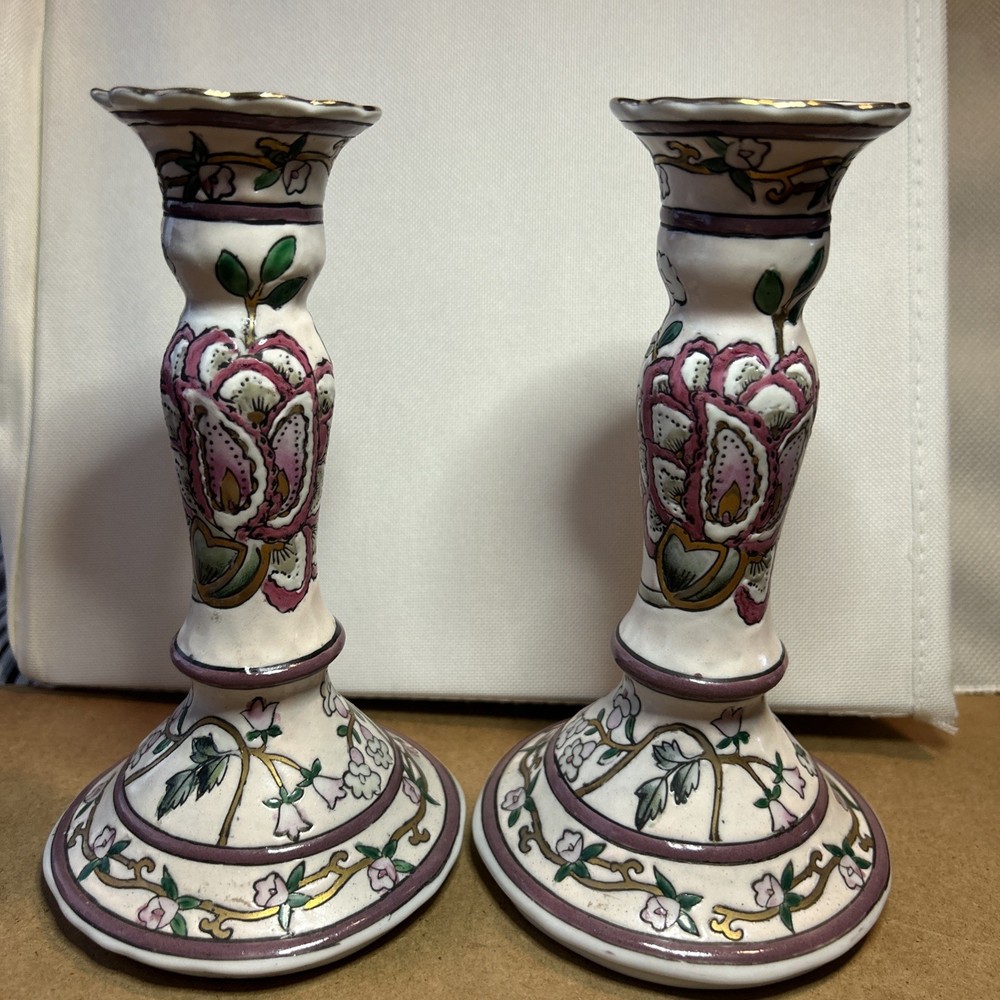 Vintage Hand-Painted Ceramic Candlestick Holders Floral Gold Accents/Home Decor