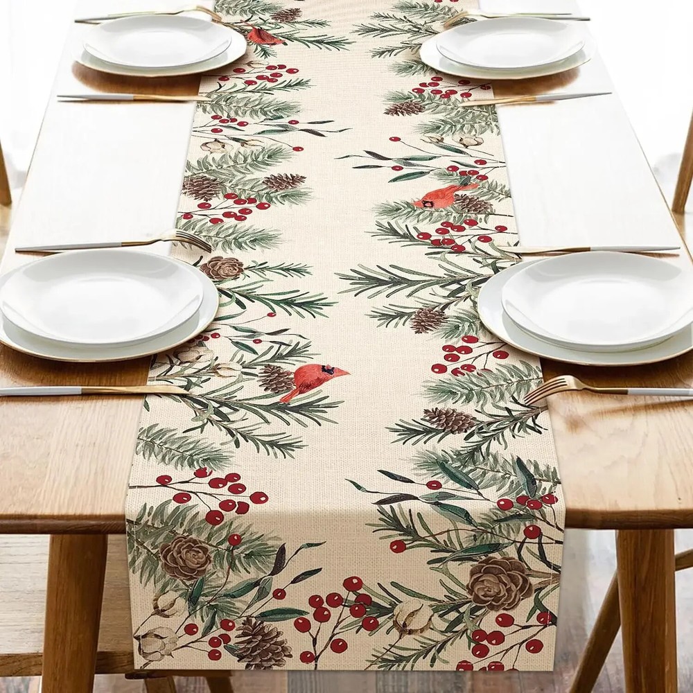 Christmas Pine Needle Linen Table Runner Dresser Scarf Pine Cone Cardinal Red