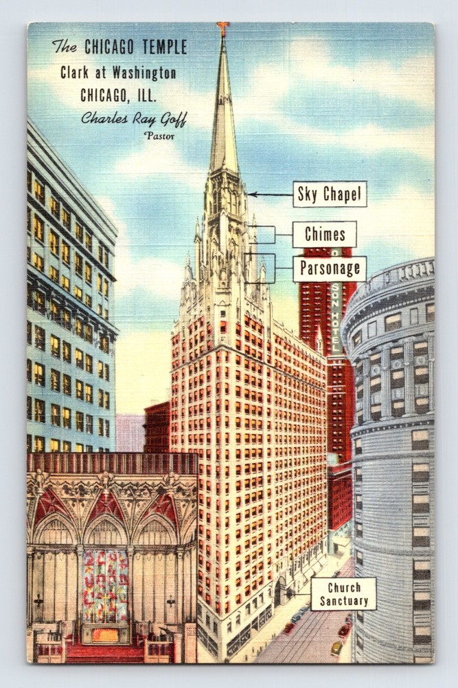 Postcard Illinois Chicago IL Temple Building Charles Goff 1940s Unposted Linen