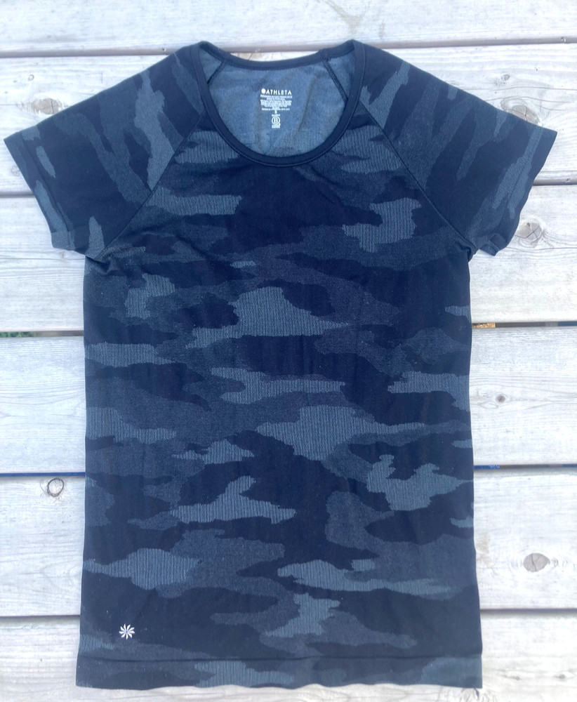 Athleta Womens Speedlight Shirt Small Black Camo Seamless Short Sleeve Portugal