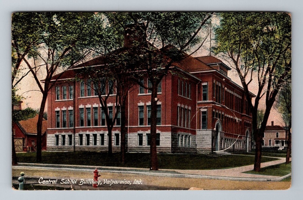 Valparaiso IN-Indiana, Central School Building, Fire Hydrant, Vintage Postcard
