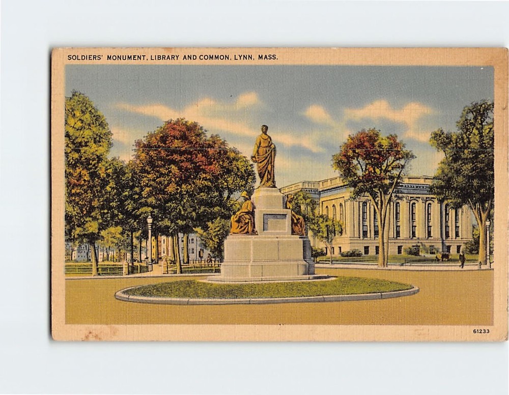 Postcard Soldiers' Monument Library & Common Lynn Massachusetts USA