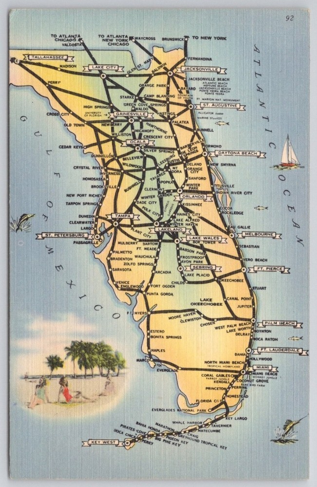 Vintage Florida State Map Postcard - Tichnor Quality Views