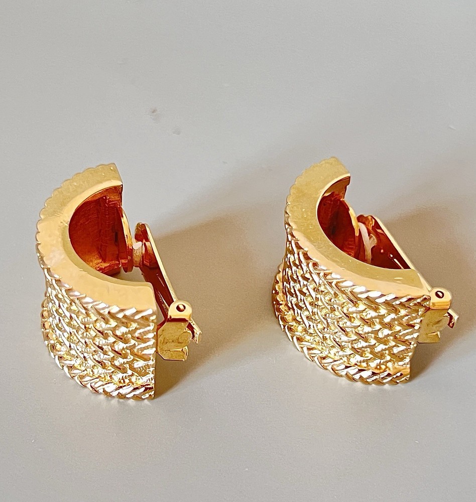 Vintage Christian Dior Gold Clip-On Earrings Signed Textured Weave 1980s