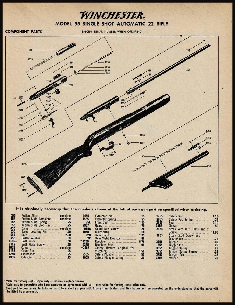 1964 WINCHESTER 55 Single  Shot Automatic .22 Rifle Schematic parts  list