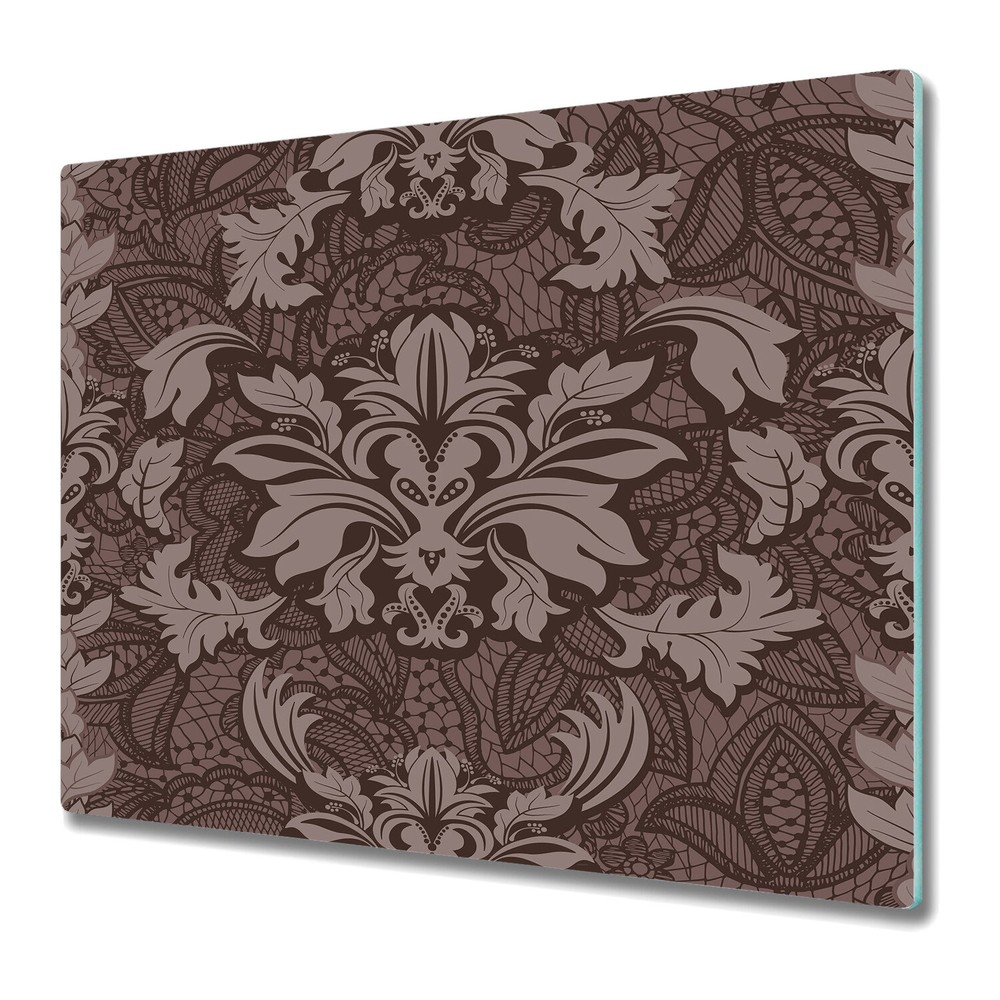 Glass Chopping Board Worktop Saver Damask brown and grey design 60x52