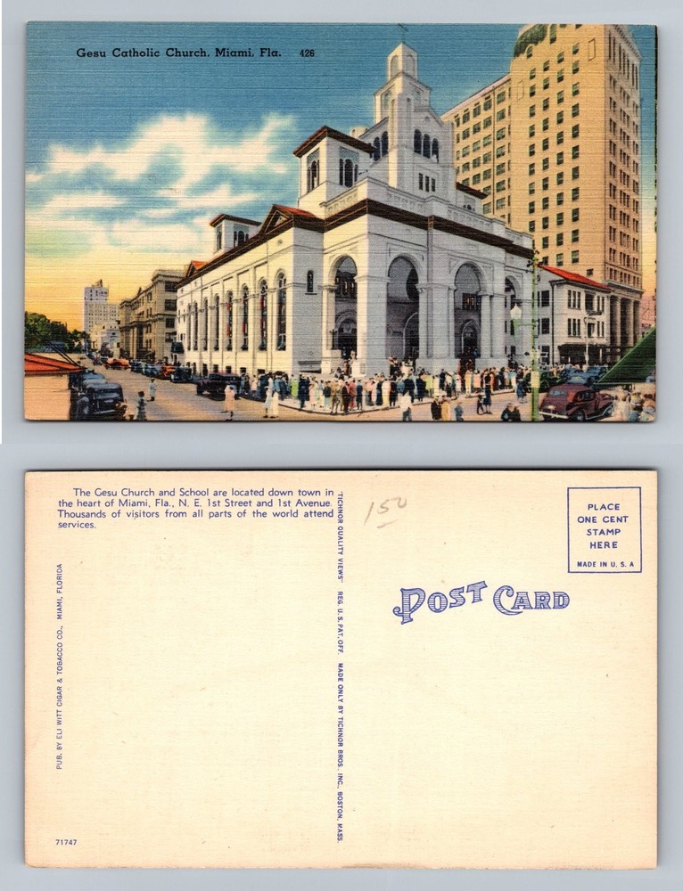 Miami, FL-Florida, Gesu Catholic Church and School View Vintage Postcard