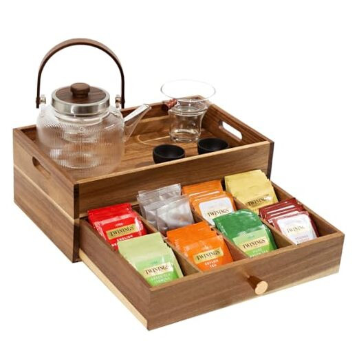 Acacia Wood Tea Bag Holder with Drawer and 8 Compartments  -image
