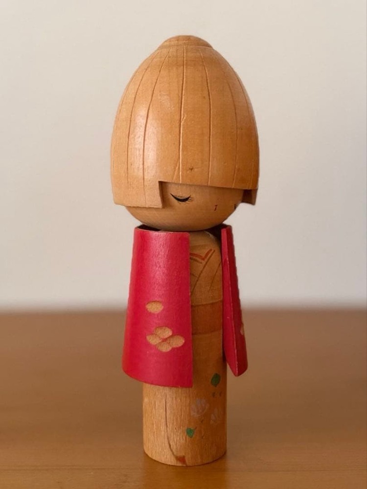 Munehiro Kokeshi Doll Girl in Red Haori 16cm Handcrafted Japanese Traditional