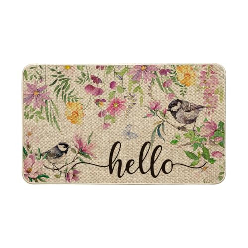 Bird Flowers Hello Spring Doormat, Home Summer Decor Low-Profile Switch Rug
