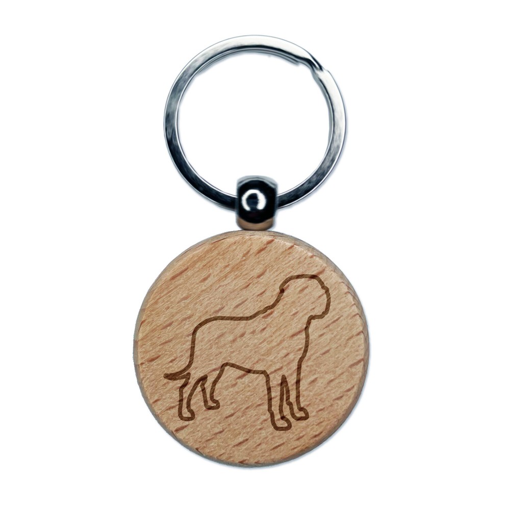 English Mastiff Dog Outline Engraved Wooden Round Keychain Charm Tag