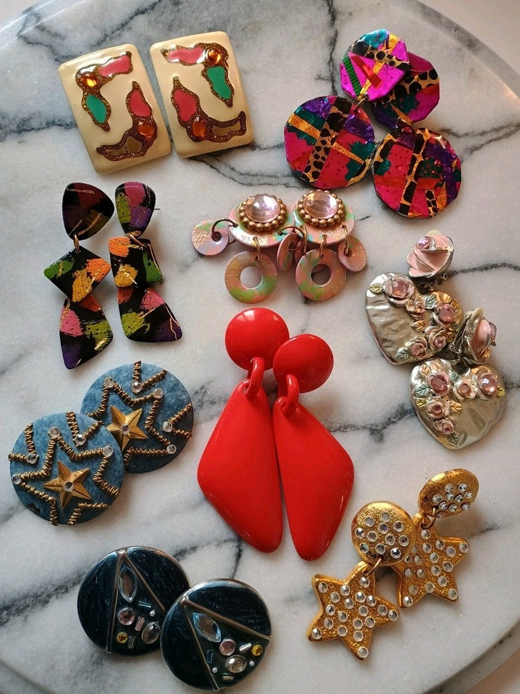 Vintage 80s 90s Earrings Costume Fashion 9 Pairs MAM Pierced And Clip On