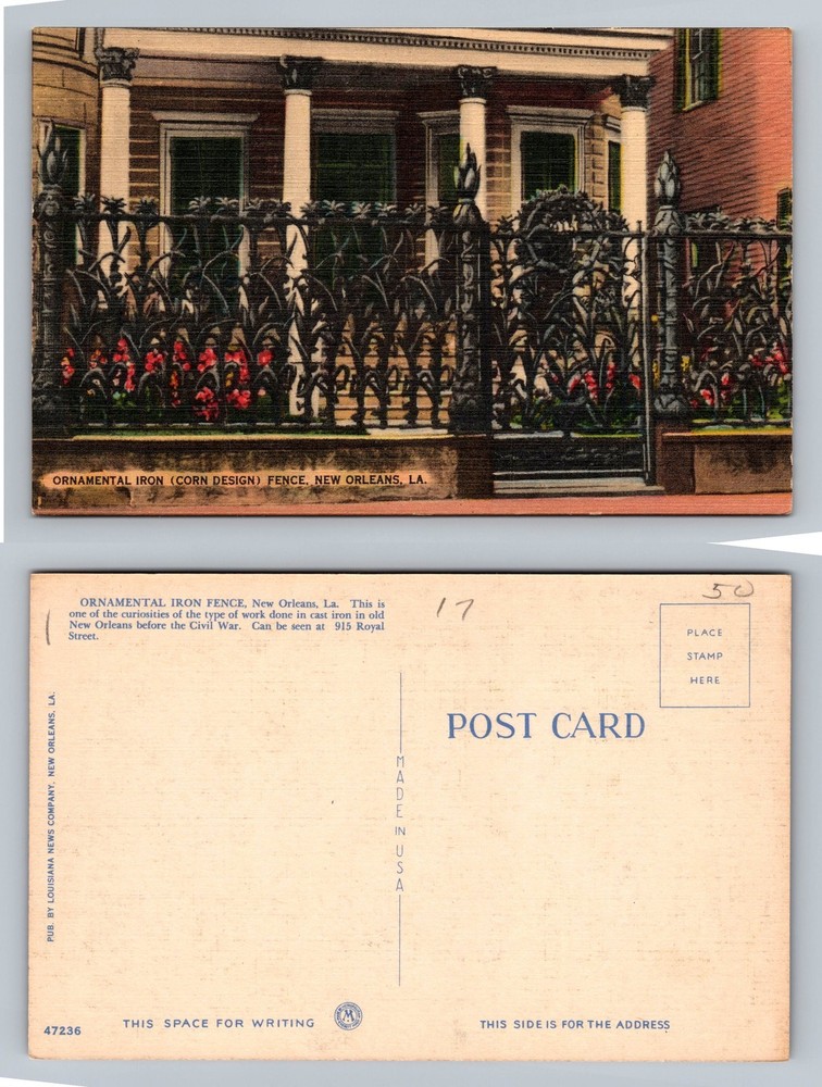 New Orleans, LA-Louisiana, Ornamental Corn Iron Fence View Vintage Postcard