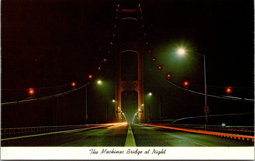 Dr Jim Stamps Postcard Mackinac Bridge At Night
