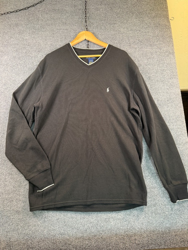 Polo Ralph Lauren Mens Waffle Thermal Shirt XL Black V Neck Pullover Pony Logo