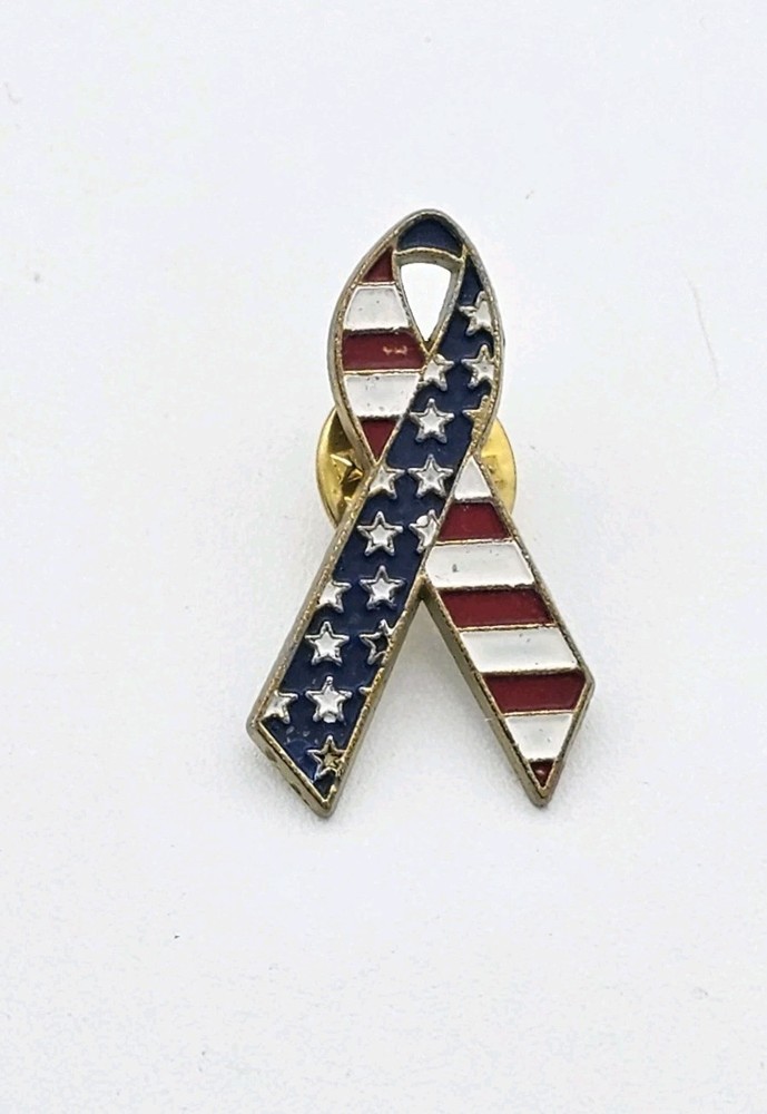 Vintage lapel pin USA American flag ribbon enamel with gold tone 1 “ patriotic