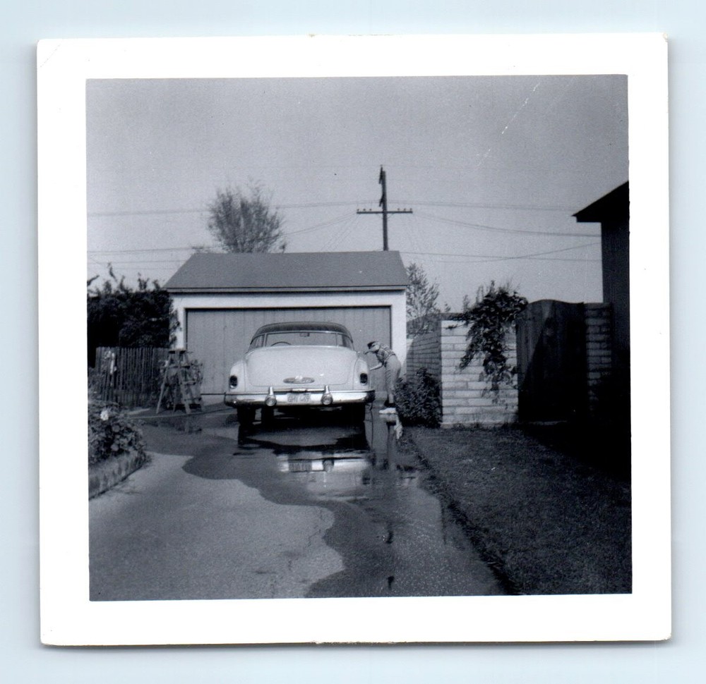 Old Vintage Square Photo SOLO MAN WASHING CLASSIC CAR 1950 BUICK SUPER GARAGE