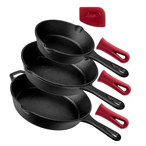 Cast Iron Skillets Set - 3-Piece: 6 + 8 + 10-Inch Chef Frying Pans - Pre-Seas...