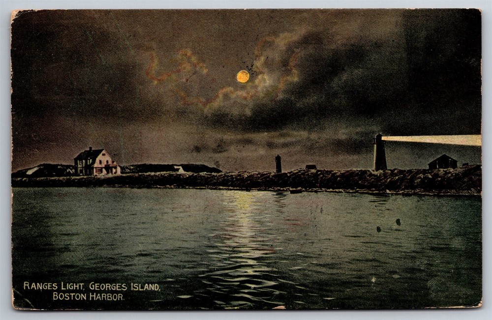 Georges Island Ranges Light Full Moon Boston Harbor MA C1910s DB Postcard Y11
