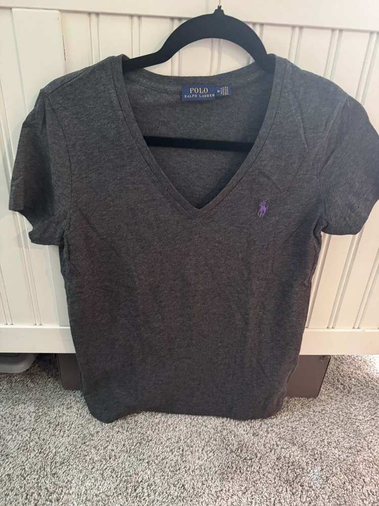 Ralph Lauren Women's Medium Gray V-Neck T-Shirt Pony LogoDark Gray With Purple Pony