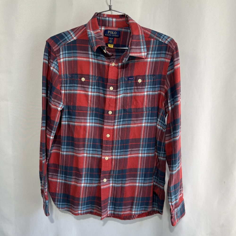 Polo Ralph Lauren Shirt Boys Sz L 14-16 Red Blue Plaid Flannel Button Youth
