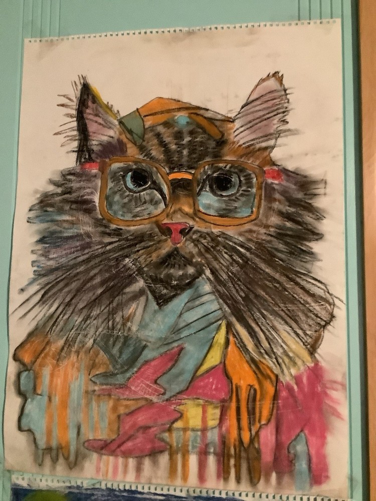 Black Cat With Glasses With Lots Of Color Abstract Art On Bottom-image