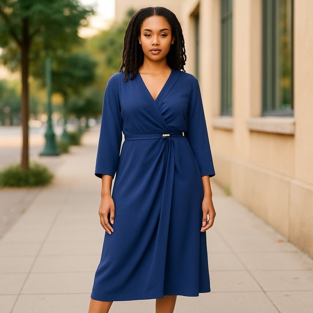 Charter Club Wrap Dress Women's XL Navy Blue Stretch Surplice Neck Long Sleeve