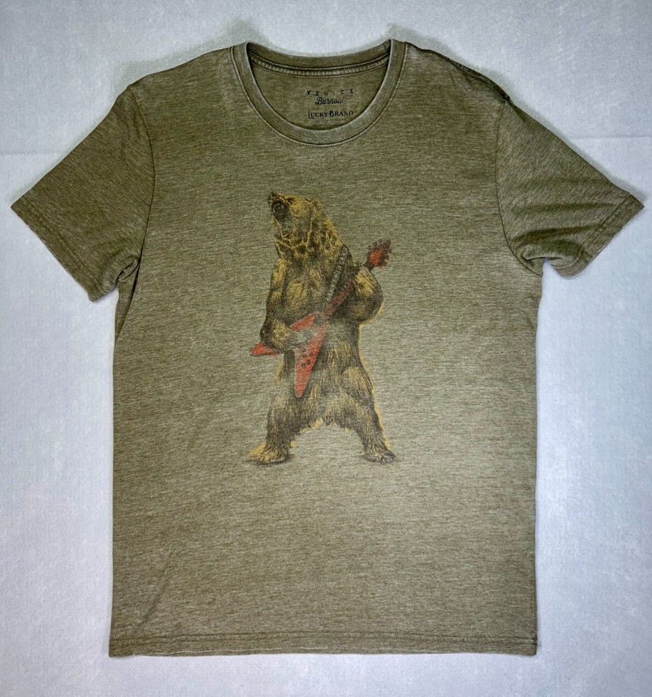 LUCKY BRAND Venice Burnout Rocker Bear/Guitar Soft Men's Medium Green T-Shirt