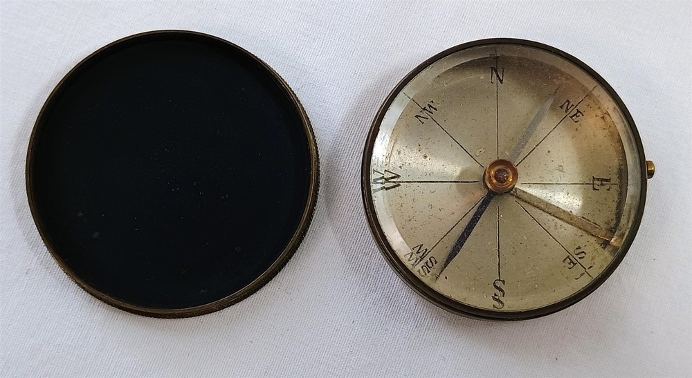 Vintage Pocket Directional Magnetic Compass Brass with Beveled Glass