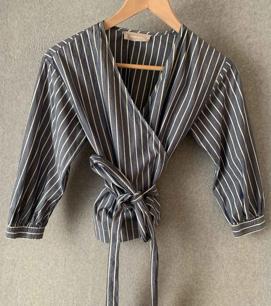 Everlane Cotton Poplin Wrap Top Sz 00 Small Blue White Stripes V-Neck Nautical