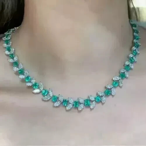 25Ct Lab-Grown Emerald Tennis Necklace in 14K White Gold Plated 18 Inch Chain