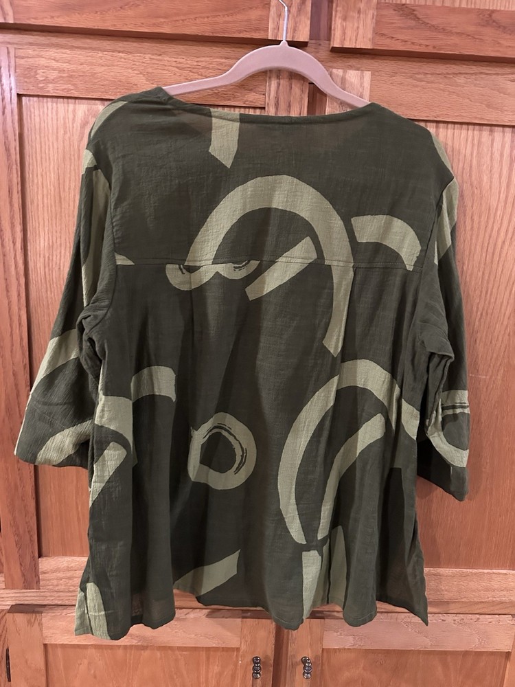 YOU-BE Asian Art Abstract Green Tunic Blouse with Pockets Lagenlook, Size M/L-image