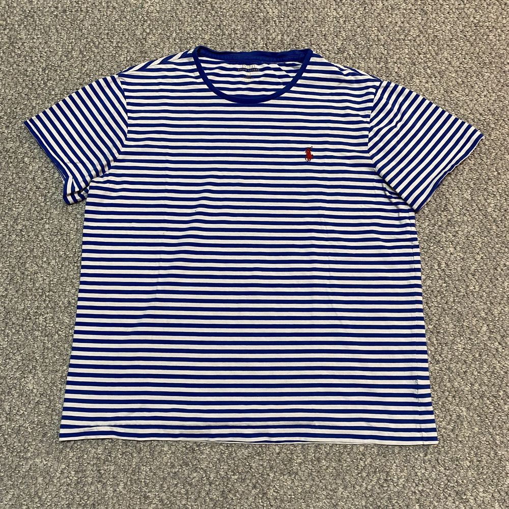 Polo Ralph Lauren Men's Striped T Shirt Blue White Large Short Sleeve Custom Fit