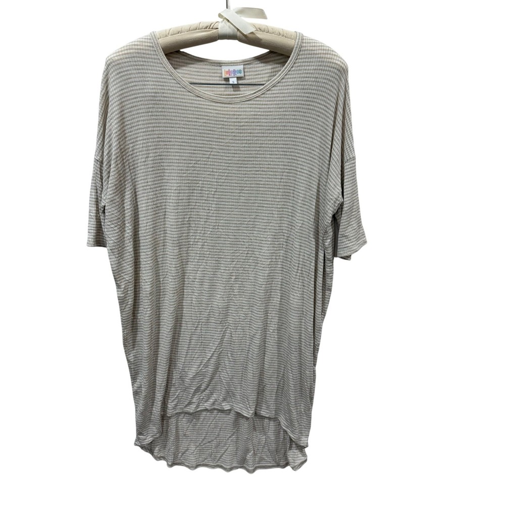 LuLaRoe Irma Tunic Top Womens Small Tan Cream Striped Ribbed Knit High Low Hem
