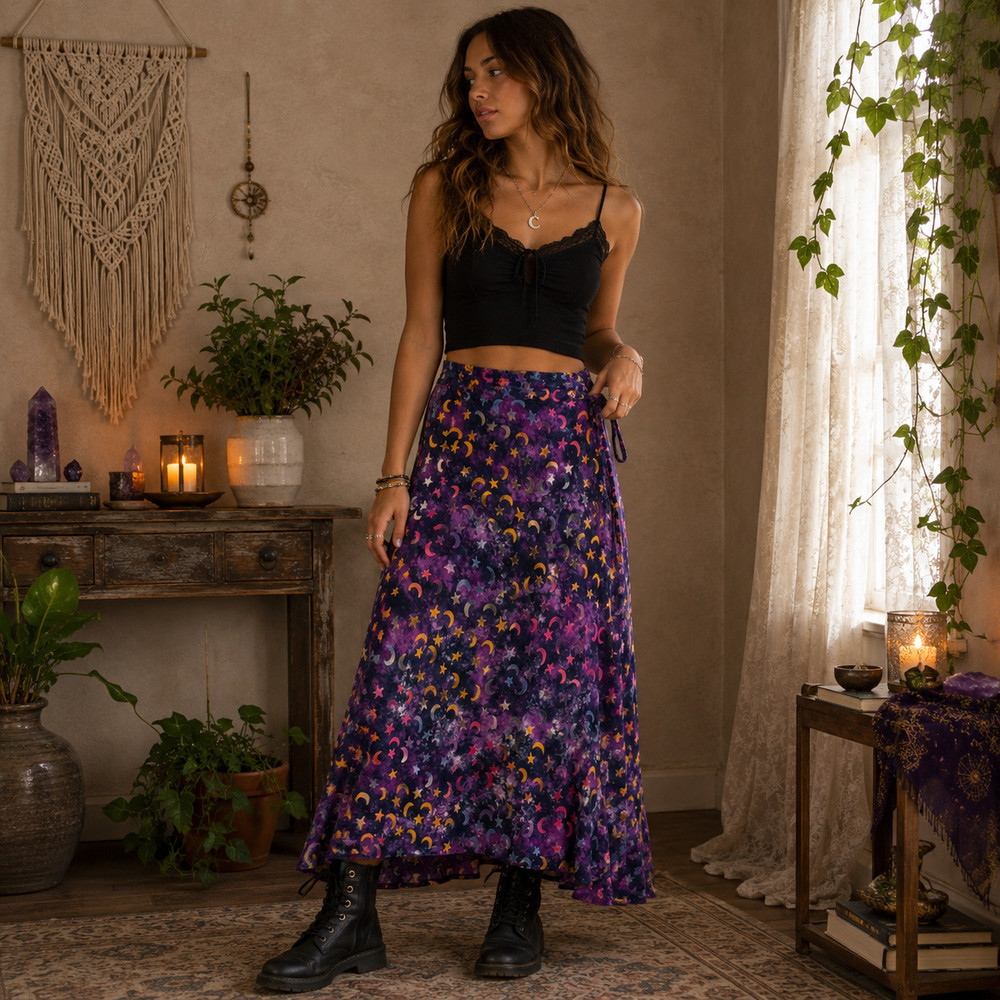 Whimsigoth Celestial Moon Star Wrap Maxi Skirt Sz L Y2K Boho Hippie Festival