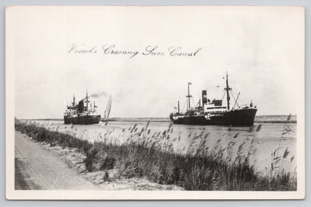 Vessels Crossing Suez Canal RPPC Vintage Postcard Egypt Maritime Ships