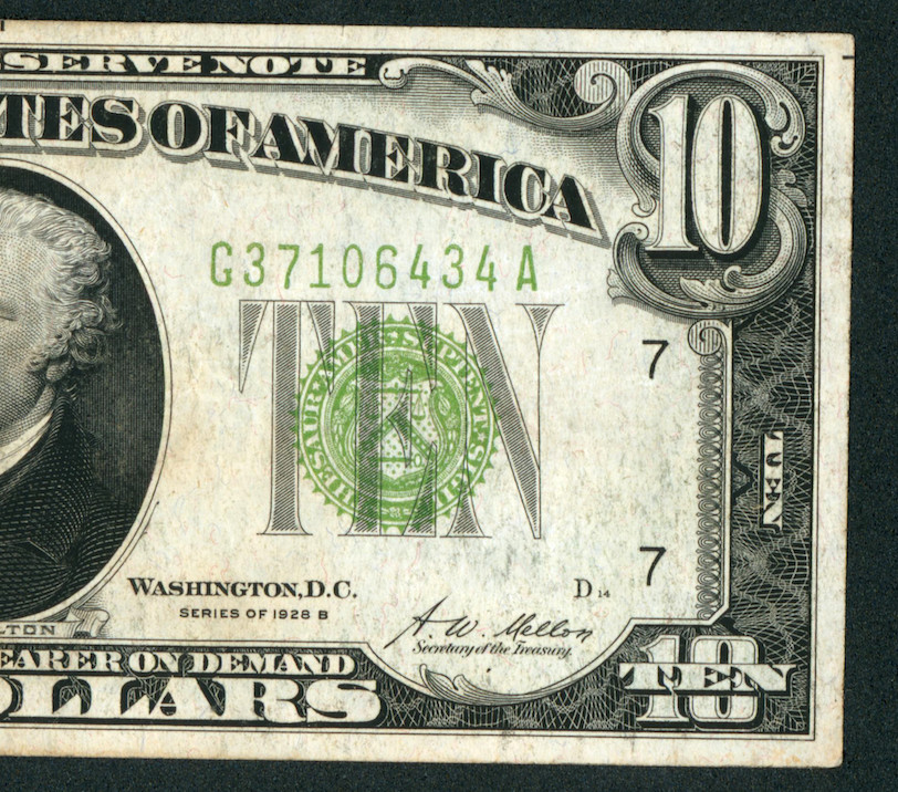 $10 1928 LGS LIME ((LIGHT GREEN SEAL)) Federal Reserve Note CURRENCY
