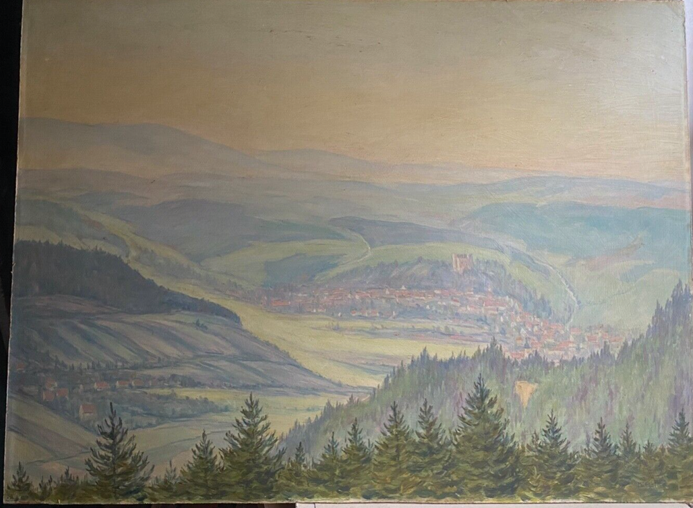 Oil painting signed K.Peller Taldorf in hilly landscape at dawn