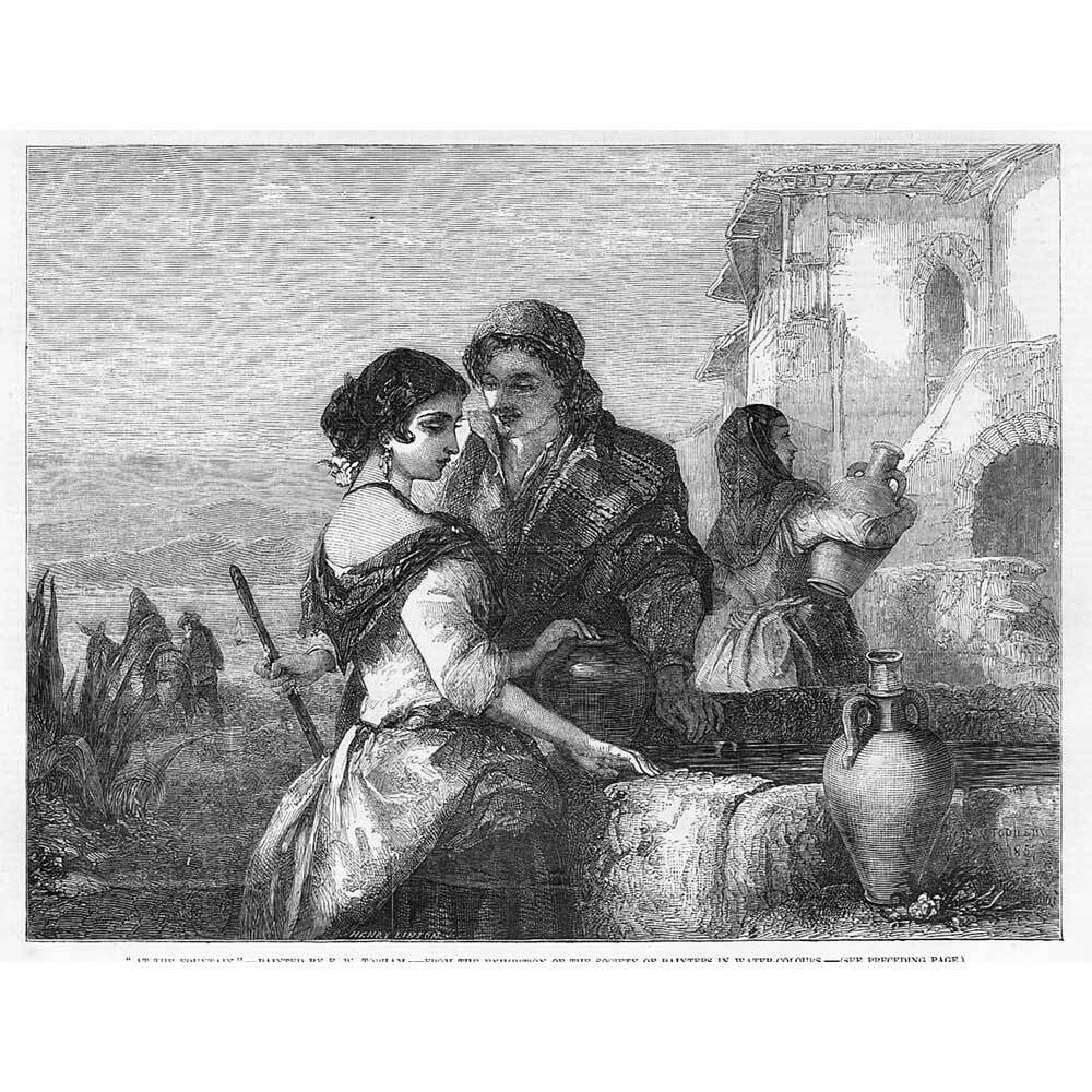 FINE ART At The Fountain by FW Topham - Antique Print 1857